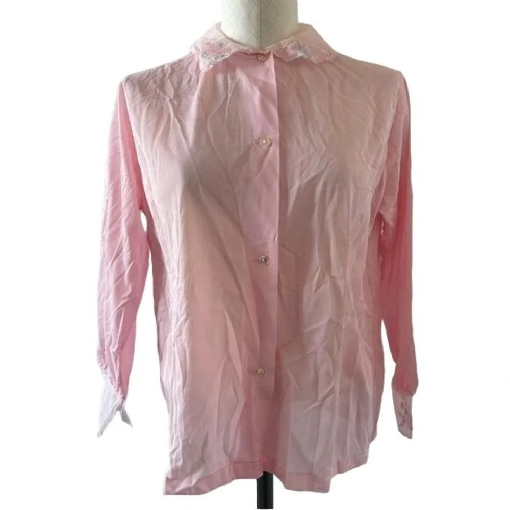 Vintage 60s Blouse Sleep Shirt Blush Pink Nylon Semi Sheer Top Floral Hems Sz 36 - Picture 2 of 11